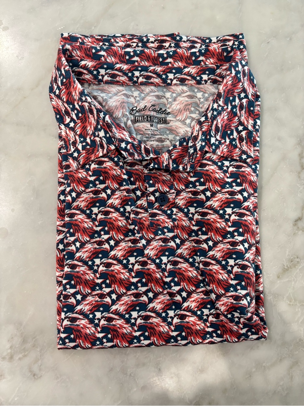 Bad Caddie Red, White & Blue Eagle Print Button Down Golf Polo
